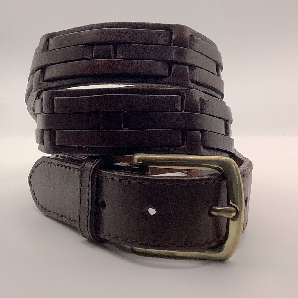 Unisex 38” Basketweave Brown Topgrain Leather Belt with Brass Finish Buckle